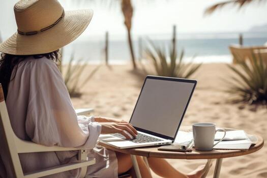 Woman working with laptop computer at the beach. Working while travelling. Generative AI photo