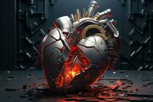 el mecánico corazón se rompe dentro piezas. Arte de un humano corazón en el industrial estilo. generativo ai foto