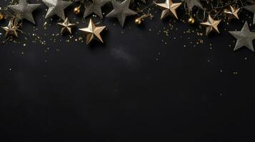 Christmas decorations in black. Stars and lights on a black background. AI generated photo