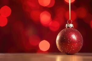 Red Christmas baubles decoration on red blurred background with lights. New Year greeting card. Minimal style. AI generated photo