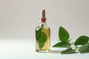 Cosmetic serum in a glass bottles with green leaves on light background. Generative AI photo