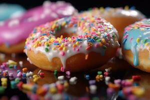 Close up of a doughnuts sprinkled with frosting and colorful candy bits. Assorted donuts. Generative AI photo