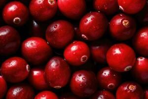 A lot of scattered cranberries. Fruit background. Generative AI photo