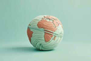 Soft Earth globe made of ball of yarn on pastel green background. Generative AI photo