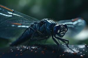 A macro shot of a dragonfly with delicate transparent wings on a blurred background. Generative AI photo