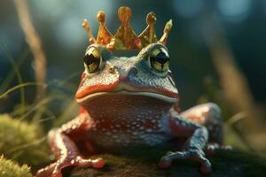 Frog with gold crown. The fairy tale concept of change and transformation. Generative AI photo