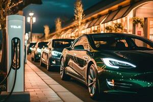 cargando un eléctrico coche con un público cargador en un estacionamiento. generativo ai foto