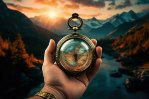 Beautiful landscape with old compass on traveler's hand. The concept of navigating the search for your own path. AI generated photo