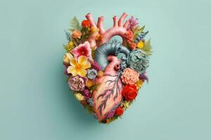 Human heart made of colorful wild flowers on pastel color background. Generative AI photo