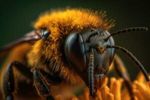 The bee with the pollen on its head and legs. A striking macro shot. Generative AI photo