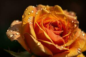 Rosa en lleno floración con agua gotas en pétalos un sorprendentes macro disparo. generativo ai foto