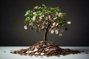 Tree growing on coins. Business finance investment concept. AI generated photo
