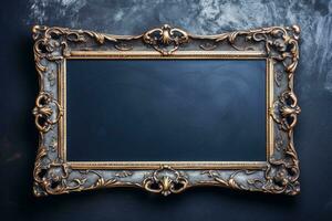 Old antique frame on the dark blue wall. AI generated photo