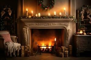 Glowing candles and a warm fireplace creating a cozy holiday ambiance. Christmas tree and other decorations at night. AI generated photo