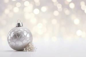 blanco Navidad adornos decoración en borroso antecedentes con luces. nuevo año saludo tarjeta. mínimo estilo. ai generado foto