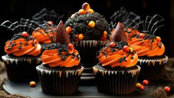 Festive Halloween cupcakes and treats decorated with sprinkles and candy. AI generated photo