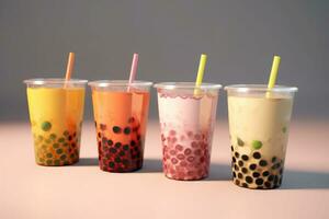 Plastic cups of different tasty bubble tea. Row of fresh boba bubble tea glasses. Generative AI photo