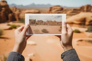 irreconocible turista sostiene tarjeta postal en frente de natural paisaje. ai generado foto