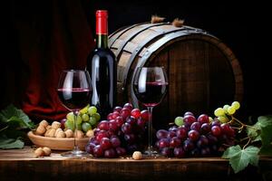 Red wine bottle, grape and wine glass near the wooden barrel. AI generated photo