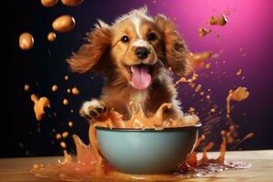 The dog eats food from a bowl, food particles fly into the air. Generative AI photo