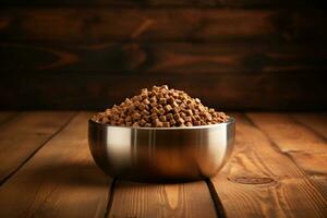 Dry dog food in bowl on wooden background. Generative AI photo