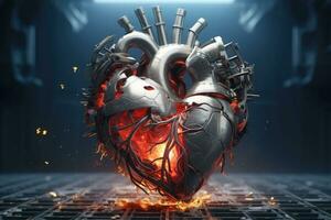 The mechanical heart shatters into pieces. Art of a human heart in the industrial style. Generative AI photo