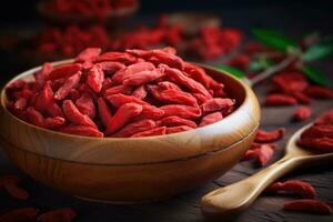 Red dry goji berries in a wooden bowl. Generative AI photo