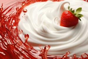 Whirling milk cream with fresh strawberries. Splashing milk and fruit textures. AI generated photo