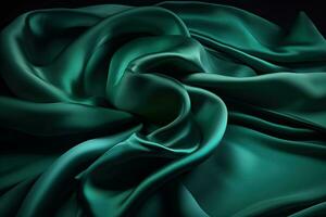 Abstract green smooth silk background. Satin elegant luxury fabric. Beautiful soft folds on the surface of the fabric. Generative AI photo