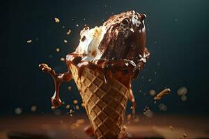 Ice cream with colorful toppings and pieces of sprinkles. Ice cream cone close-up. Generative AI photo