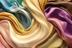 Abstract rainbow smooth silk background. Satin elegant luxury fabric. Beautiful soft folds on the surface of the fabric. Generative AI photo