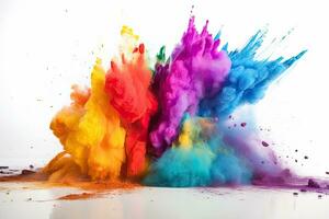 Colorful rainbow holi paint color powder explosion on white background. Generative AI photo