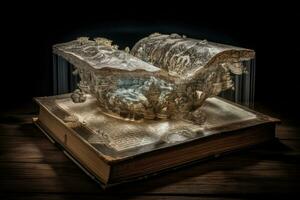 Old magic book in ancient room. Fantasy, nature or learning concept. Generative AI photo