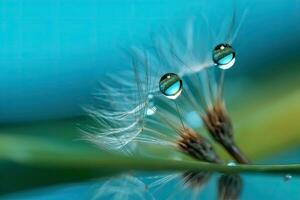 Dandelion seeds in droplets of water on the turquoise background. Generative AI photo