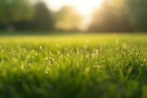 Neatly trimmed lawn on blurred spring background. Ground level view. Generative AI photo