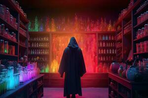 Anonymous tall man under a cloak in the mystical potion shop. Generative AI photo