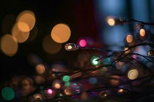 Festive background garland bokeh. Colorful string lights on a dark background. Generative AI photo