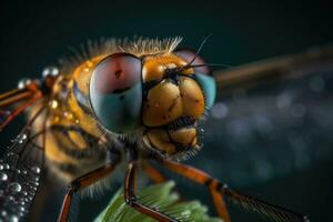 A macro shot of a dragonfly with delicate transparent wings on a blurred background. Generative AI photo