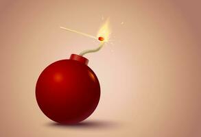 Vector illustration of a red bomb and match in fire and sparks. Bomb with match.