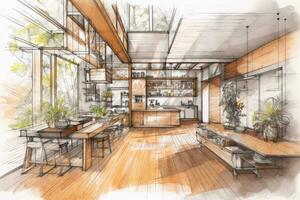 Detail focused hand drawn sketch of the interior of a sleek modern home. Generative AI photo