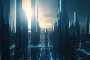 Modern futuristic glowing city with tall skyscrapers and modern technology. Generative AI photo