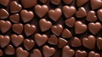 Heart shaped chocolate candies background. Sweets background. Top view. AI generated photo