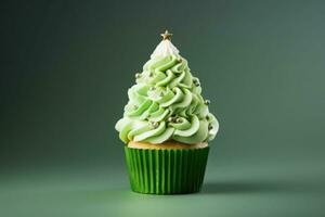 Green christmas tree shaped cupcake and christmas decoration. AI generated photo