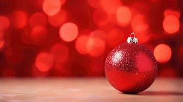 rojo Navidad adornos decoración en rojo borroso antecedentes con luces. nuevo año saludo tarjeta. mínimo estilo. ai generado foto