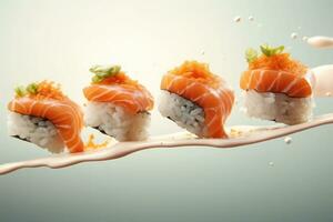 Set of sushi rolls with salmon, avocado, cream cheese. Sushi menu. Japanese food. Generative AI photo