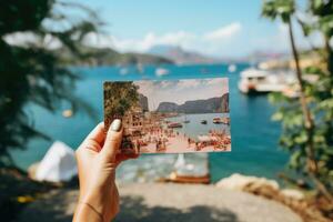 Unrecognizable tourist holds postcard in front of natural landscape. AI generated photo