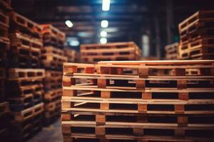 Wooden pallets stacked in a warehouse on blurred background. Generative AI photo