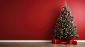 Empty solid colored wall in a christmas decorated living room. Christmas tree and gifts boxes. AI generated photo