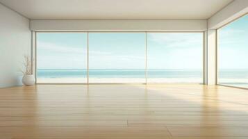 Empty large room in luxury beach house with wooden floor, large windows. AI generated photo