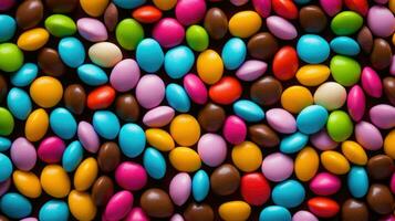 Pile of colorful chocolate coated candies. AI generated photo